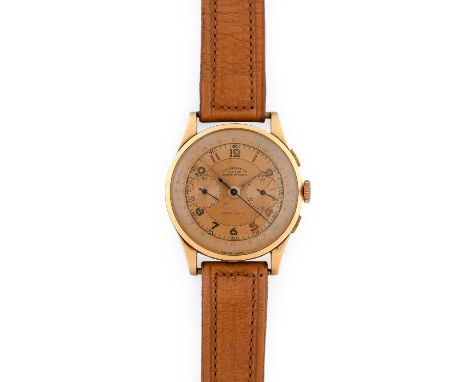 An 18 Carat Gold Chronograph Wristwatch, circa 1950, manual wound lever movement, two tone champagne coloured dial with Arabi