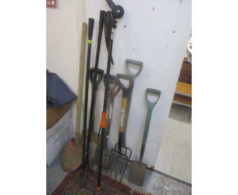 Garden tools to include, spades, forks and hoes 