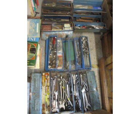 Four toolboxes containing mixed vintage tools to include sockets, wrenches, spanners, Allen keys, hammers and other items tog