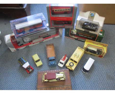 A quantity of diecast and other cars to include Dinky Supertoy Leyland Comet, and a treen box with mounted car to the lid Loc