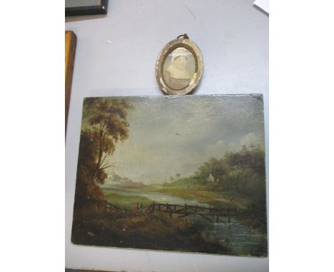 A 19th century oil on board of two figures approaching a bridge, unframed and unsigned, and a miniature portrait Location: 6.