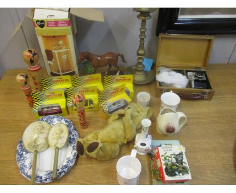 Collectables to include a Royal Doulton model horse, a Sindy shower, a large brass candlestick, Maisto model cars, a Dean ted