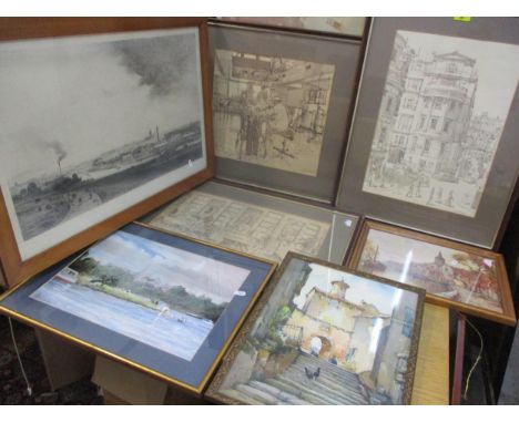 Mixed prints to include Ken Haward images of hospitals, dated 1970's, together with a John Lawrence watercolour of the Thames