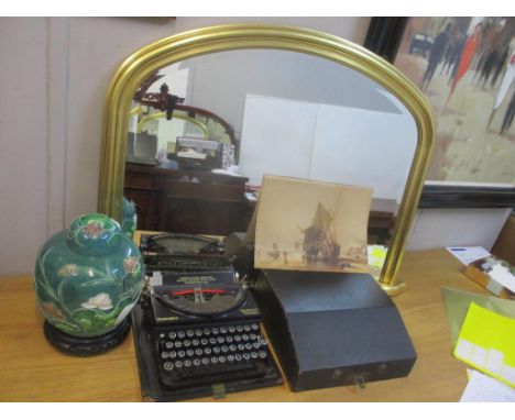 An overmantel mirror, together with a Japanese ginger jar on a stand, a print and a typewriter 