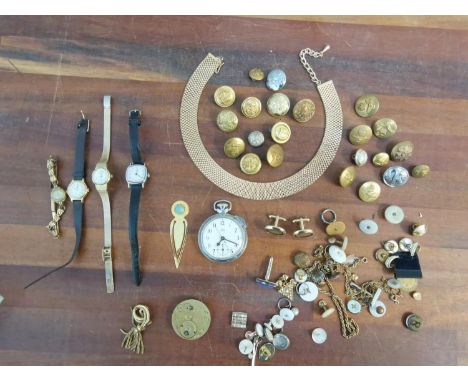 Five vintage watches together with brass navy and RAF buttons and other sundry items, a Middle Eastern white metal bangle and