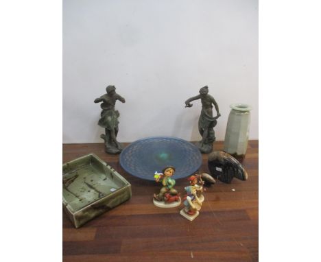 A Continental studio glass cake stand, probably Blow Zone studio, 33cm diameter, together with studio pottery, two spelter fi