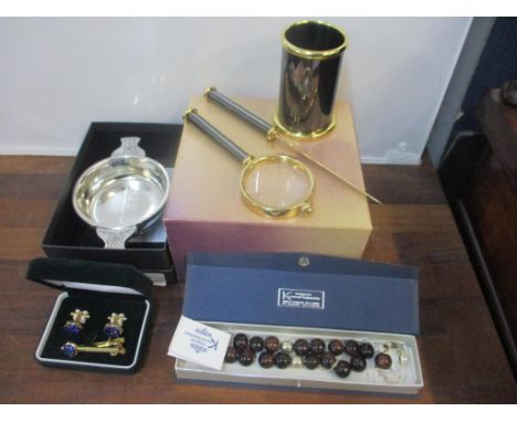 Collectables to include an Asprey desk set, a Scotch wine taster, a Greek Komboloi with silver and other beads together with 