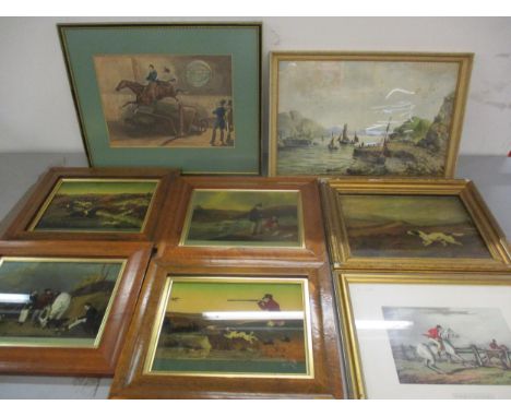 A quantity of framed and glazed pictures to include hunting scenes, together with an oil on board of a dog on the moors, unsi