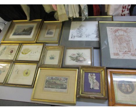 A group of engravings, etchings and prints to include a Napoleon & Josephine print together with a 1940's Janet Woods needlep