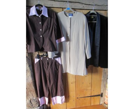 A Retro Sarah B of Paris, two-piece brown and pink cotton ladies outfit consisting of cropped trousers with button detail to 