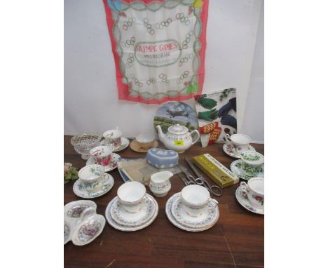 A Duchess Albany tea set and Royal Albert Michaelmas Daisy teaware, vintage scissors, a Wedgwood blue Jasperware trinket box 