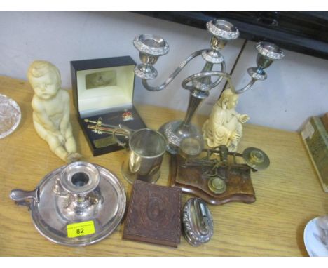 Collectibles and silver plate to include a candelabra, letter scales and other items 