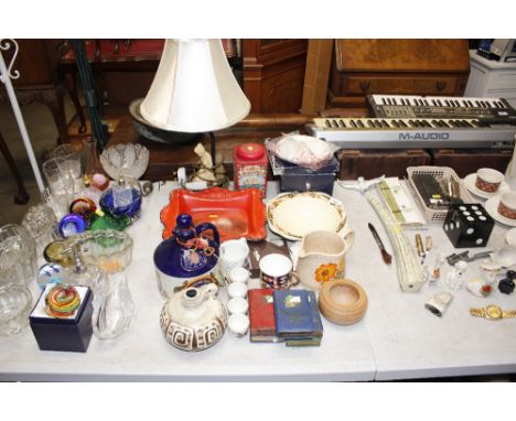 A quantity of various decorative china, Studio Pottery, vintage Post Office Savings Bank tins; a table lamp decorated with a 