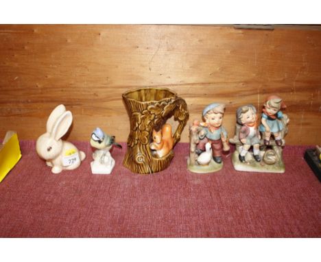 A Sylvac rabbit ornament; a Sylvac squirrel decorated jug; a continental porcelain bird ornament; and two Goebel type figures