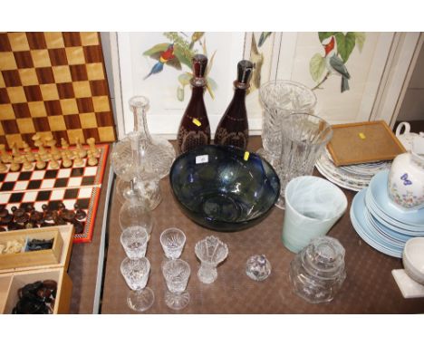 A pair of ruby glass decanters; two heavy cut glass vases; various other table glassware, Monart Style vase and bowl etc. 