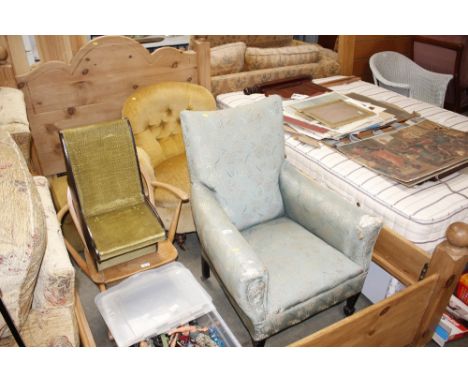 An early 20th Century upholstered armchair and a late Victorian dralon upholstered button back chair