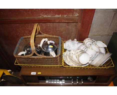Various decorative teaware; a chrome coffee pot and teapot; wicker basket etc.