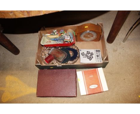 A box containing various plated ware, floral ornaments, mantel clock etc.