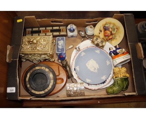 A box of miscellaneous items to include Wedgwood plates; Delft pattern inkwell ; Staffordshire figure group; Aynsley gilt met