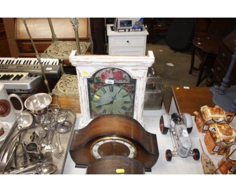 A painted pine cased mantel clock with battery movement 