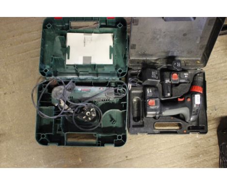 A Skil cordless drill in case with charger; and a Bosch orbital sander 