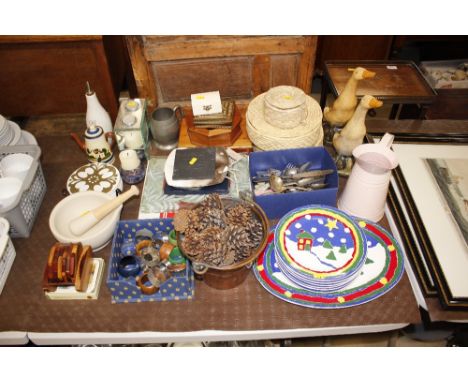 Various miscellaneous items to include a pestle and mortar; numerous napkin rings; plated cutlery; decorative pottery; two du