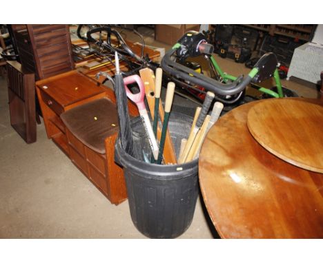 A plastic dustbin and contents of various tools, umbrella, cricket stumps etc.