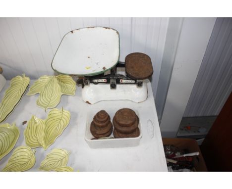 A set of Avery Ltd enamel scales and weights