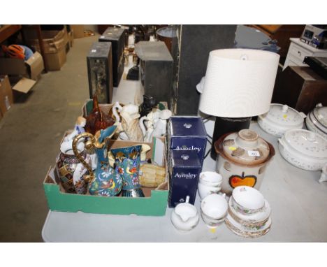 A quantity of Crown Royal teaware; Aynsley ornaments; table lamp; two boxes of decorative china to include egg crock etc.