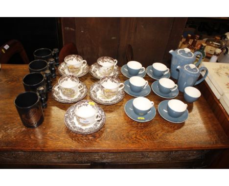 Five Royal Worcester Palissy game bird pattern cups and saucers; 4 Portmeirion Zodiac mugs and a quantity of Poole pottery co