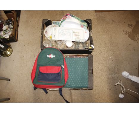 A box of miscellaneous items to include glassware; china; a quantity of various linen; textiles; holdall etc