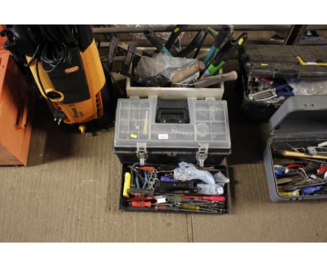 A tool box and contents; and a wooden box and contents of various tools including clamps, saws etc.