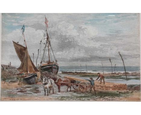 Ebenezer Wake Cook (1843-1926) "Unloading timber by the shore" Signed and dated (18)80?, inscribed to label verso, 10cm by 15