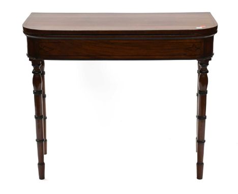 A Regency D Shaped Foldover Card Table, with ebony stringing on turned faux bamboo legs, 92cm by 44cm by 77cm