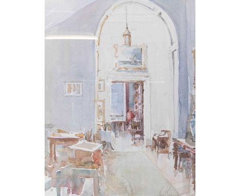 Paul Banning (1934-2021)Interior scene depicting a panelled arch hallwaySigned and dated (19)91, watercolour and pencil, 46.5