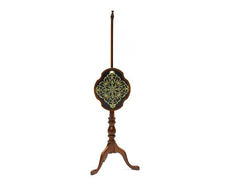 A Reproduction Mahogany Tripod Pole Screen, with shaped panel, embroidered with gold thread, 130cm