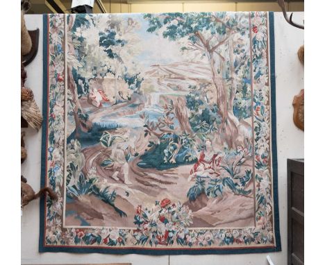 Chinese "Aubusson" Tapestry, depicting a rural scene with Cupid and putti, enclosed by floral borders, 247cm by 167cm
