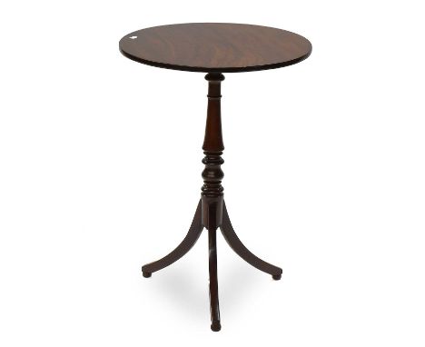 A Regency Mahogany Tripod Wine Table, on slender turned pedestal, and with compressed bun feet, 52.5cm diameter by 75cm