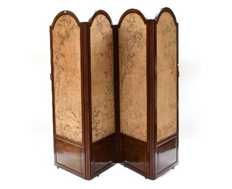 An Early 20th Century Mahogany Framed Four Fold Dressing Screen, the four arched top panels inset with machined tapestry, ove