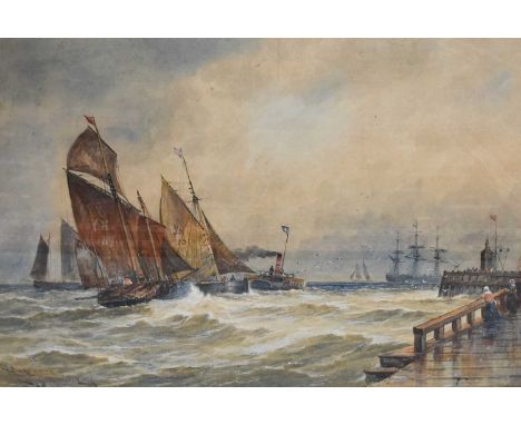 Attributed to Thomas Bush Hardy (1842-1897)"Fishing Boats being towed out of Yarmouth"Signed, inscribed and dated 1896, water