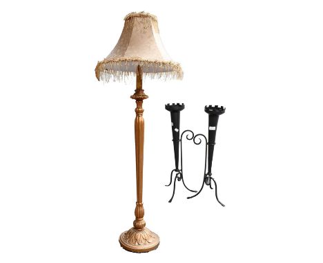 A Carved Gilt Wood Standing Lamp, of small proportions, together with a pair of metal candle stands (3)