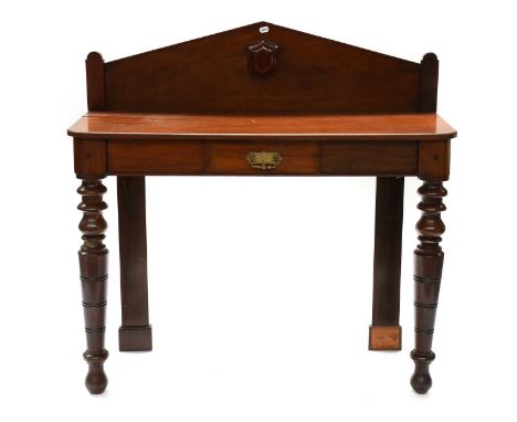 A 19th Century Mahogany Single Drawer Console Table, with triangular pediment and on tapering turned supports, 122cm by 47cm 