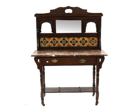 A Late Victorian Mahogany Marble Top Wash Stand, with mirror and tile panel splashback, having single drawer and turned suppo