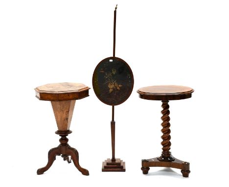 A Regency Mahogany and Yew Wood Pole Screen, inlaid and on a square stepped plinth, 140cm,together with an early Victorian ro