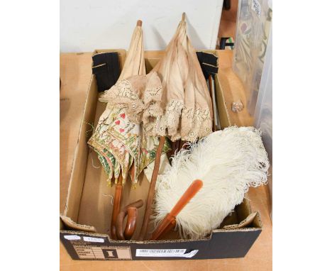 Early 20th Costume Accessories comprising an Edwardian white cotton parasol embroidered with butterflies, dragonflies and flo