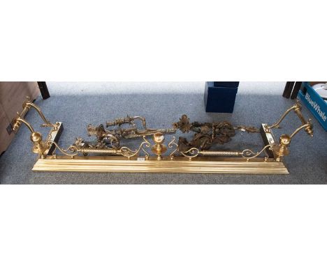 A Victorian Brass Fire Kerb, with scroll mounts and ball finial, 154cm by 38c, together with two pairs of wall sconces, one w
