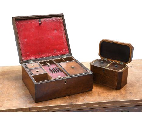 A George III Cross Banded and Boxwood Strung Rosewood Tea Caddy, with canted corners and two compartments together with a mah