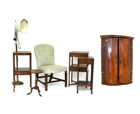 Washstand x3, corner cupboard, wine table, standard lamp, side chair (7)