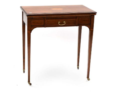 An Edwardian Inlaid Foldover Mahogany Card Table, with fan patera, single drawer, and square tapering supports with pot casto