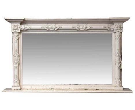 A Victorian White Painted Overmantel Mirror, ornamented with flowerheads, with mercury mirror plate, and later shelf, 53cm by